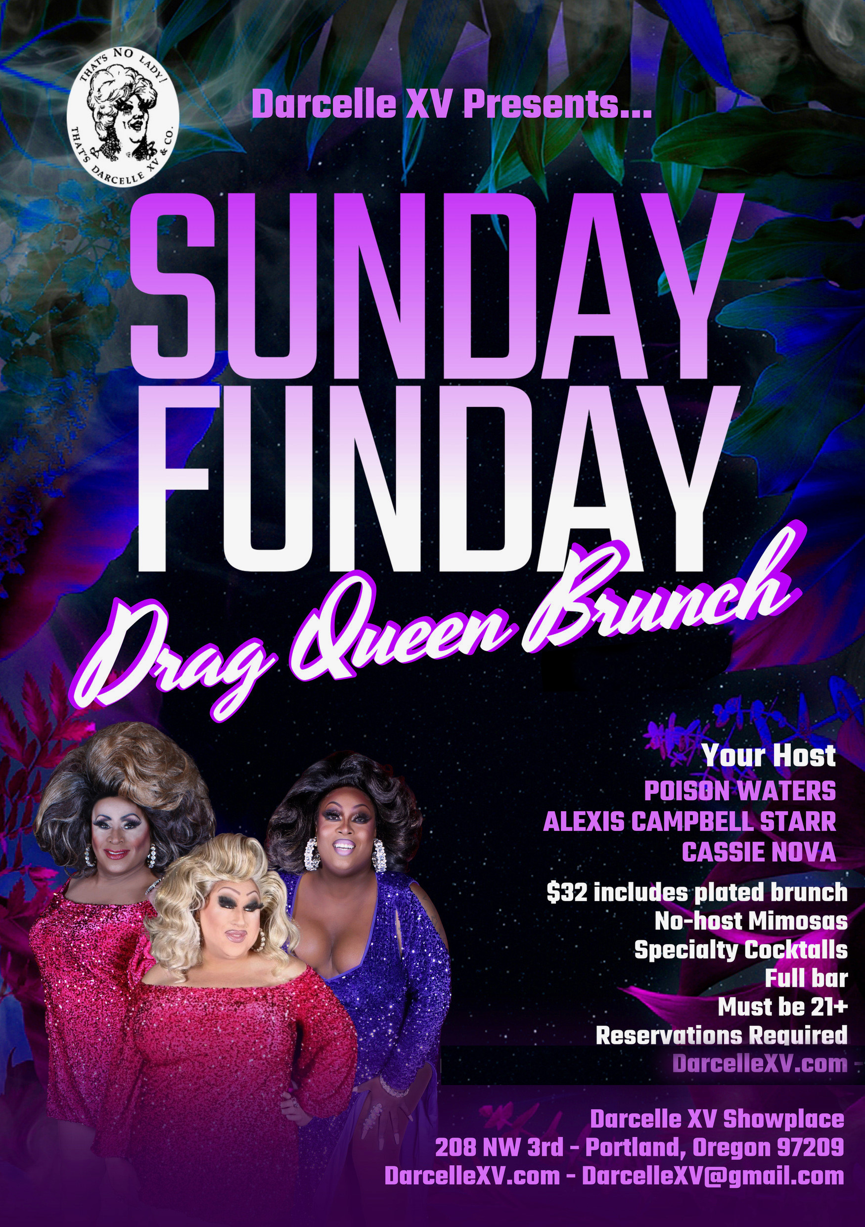 Sunday Funday Drag Brunch Poster featuring co-hosteses Poison Waters, Cassie Nova and Alexis Campbellstarr